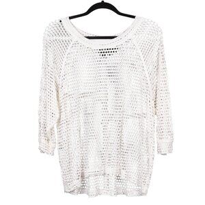 Bobeau White Open Knit Top L Womens Loose Fit Sweater Top Raglan Sleeves